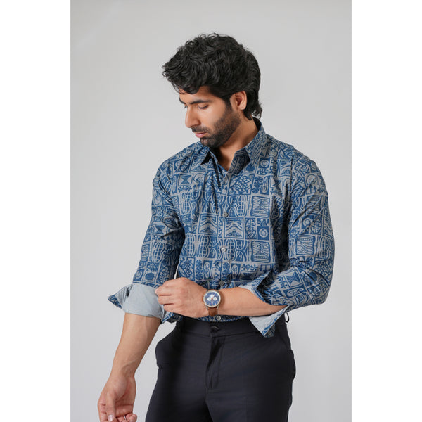 Haute Tissue Indigo Slate Mosaic Printed Business Casual Shirt
