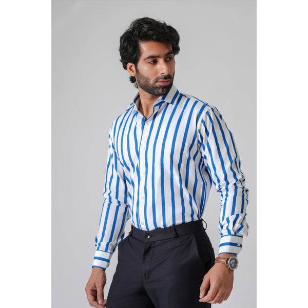 Haute Tissue Broad Striped Semi Formal Shirt (Blue)