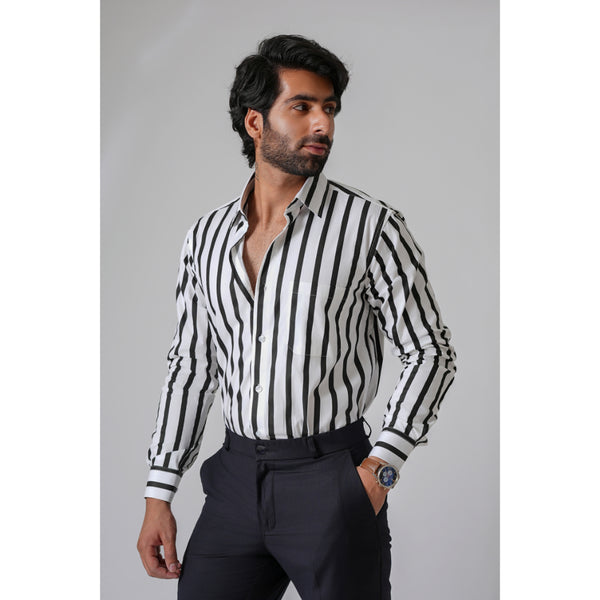 Haute Tissue Broad Striped Semi Formal Shirt (Black)