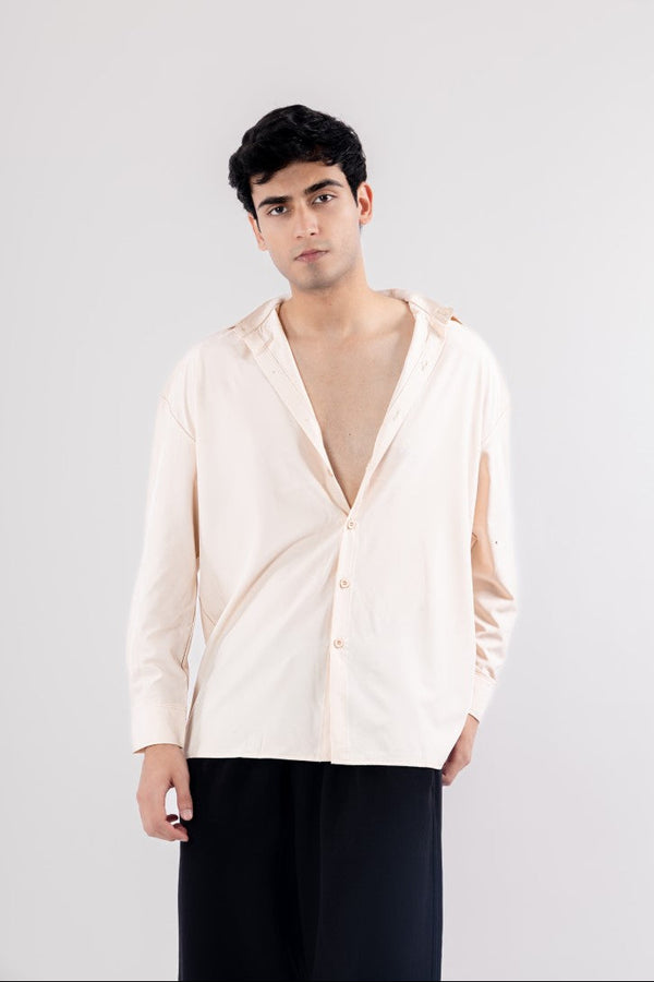 Korean Style Men's  Loose Fit  Draped Shirt with Lapel, Solid Creamy Colour