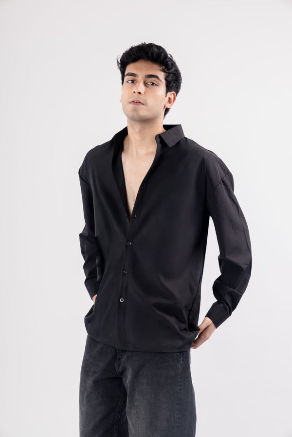 Korean Style Men's  Loose Fit  Draped Shirt with Lapel, Solid Black Colour
