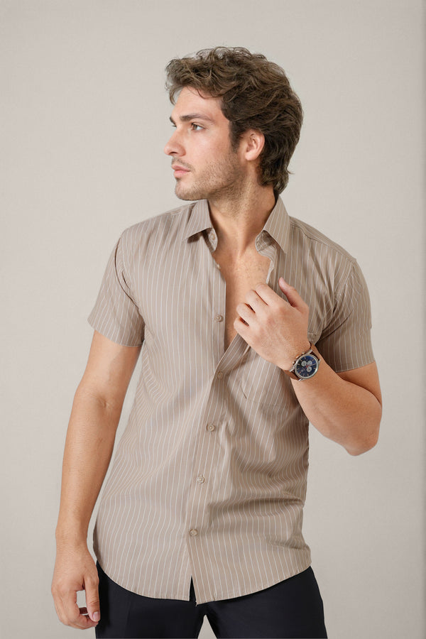 Haute Tissue Khaki Modern Striped Semi Formal Shirt