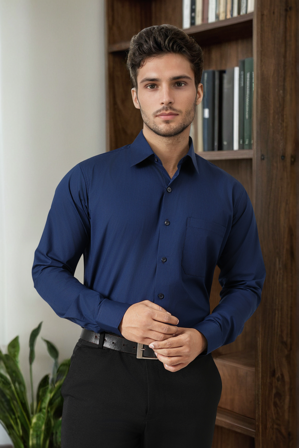 Haute Tissue Plain Navy Blue Formal Shirt